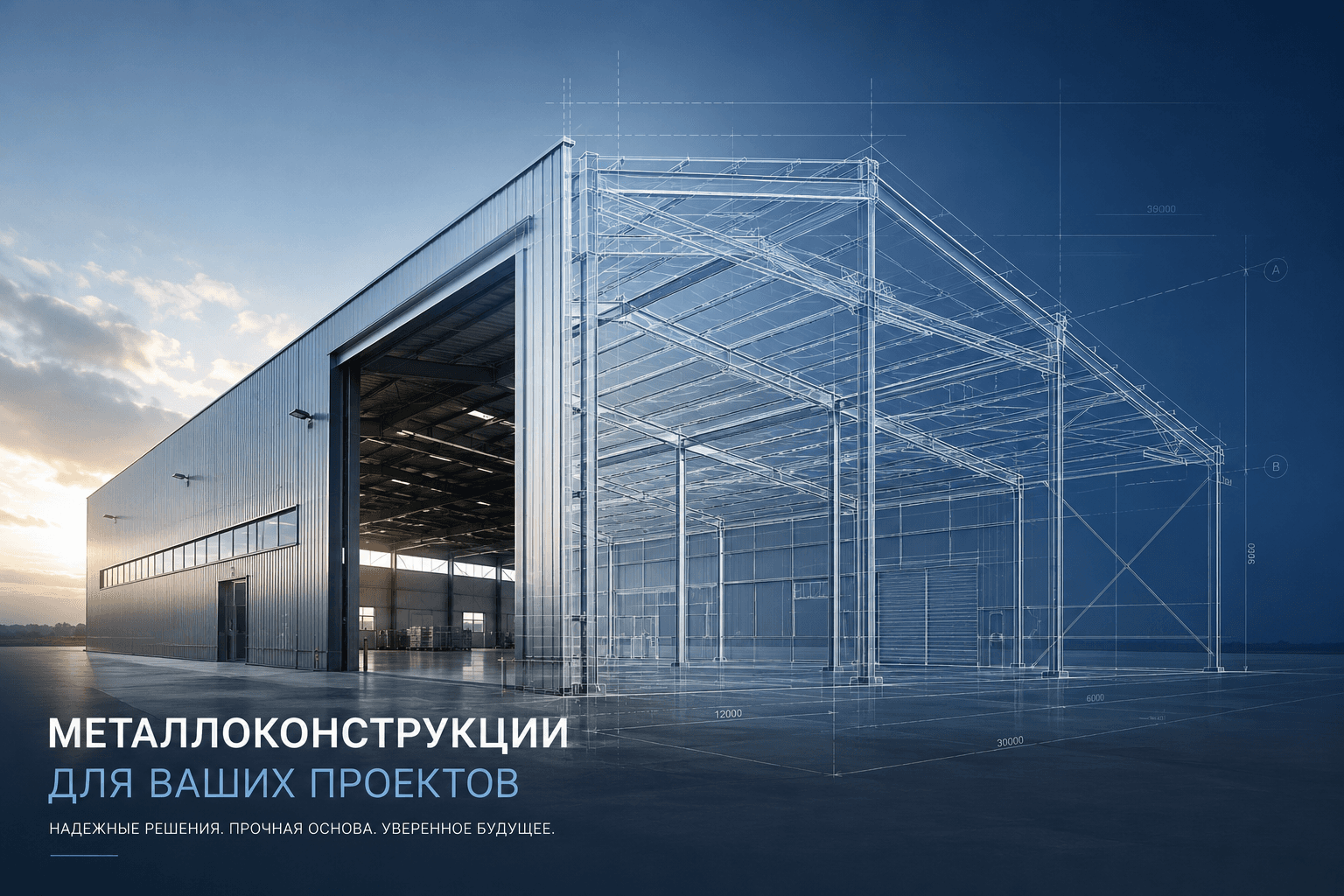 Промышленное здание из металлоконструкций с инженерной 3D-схемой каркаса